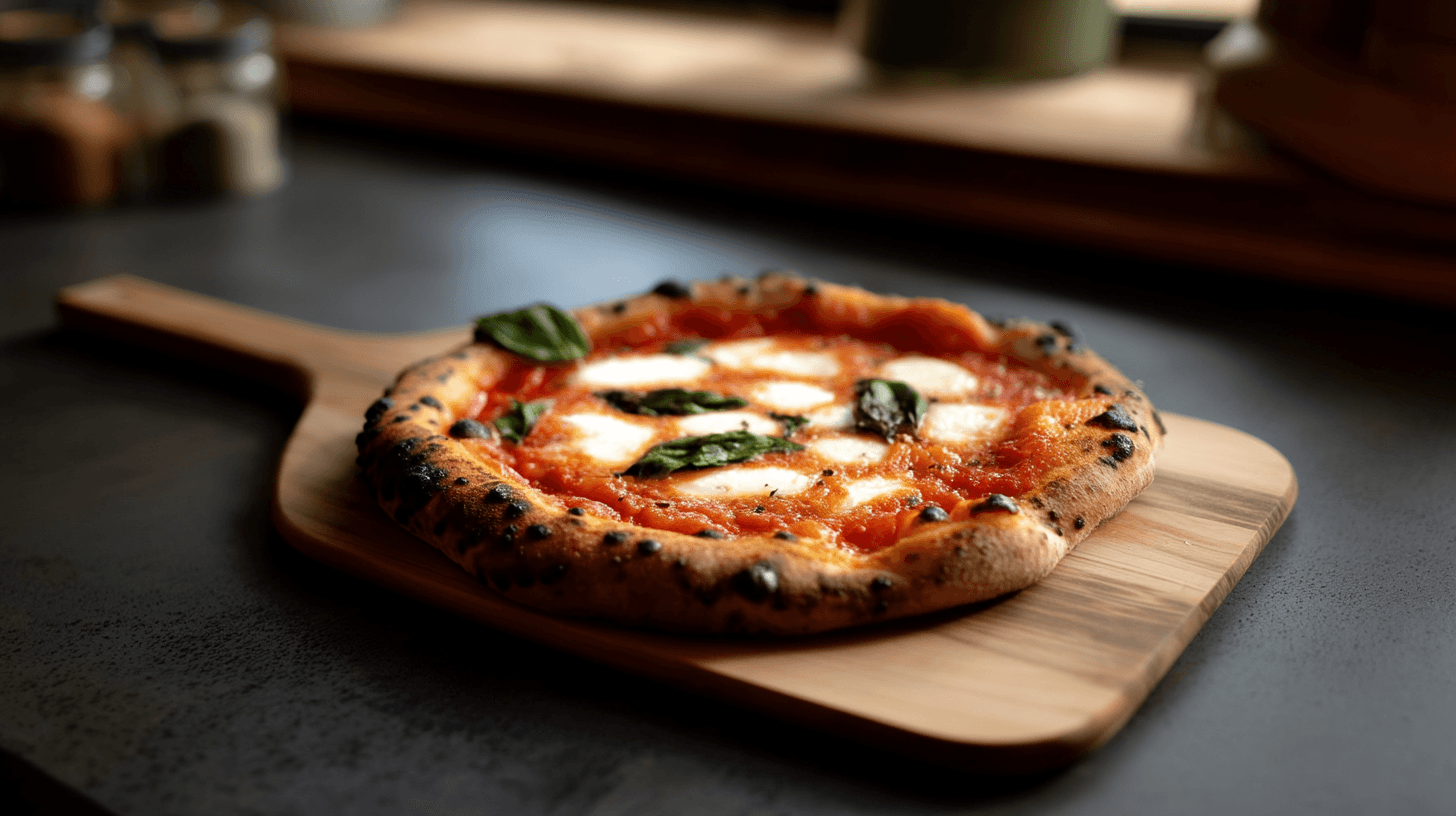 A handmade Neapolitan pizza on a wooden peel in warm kitchen light